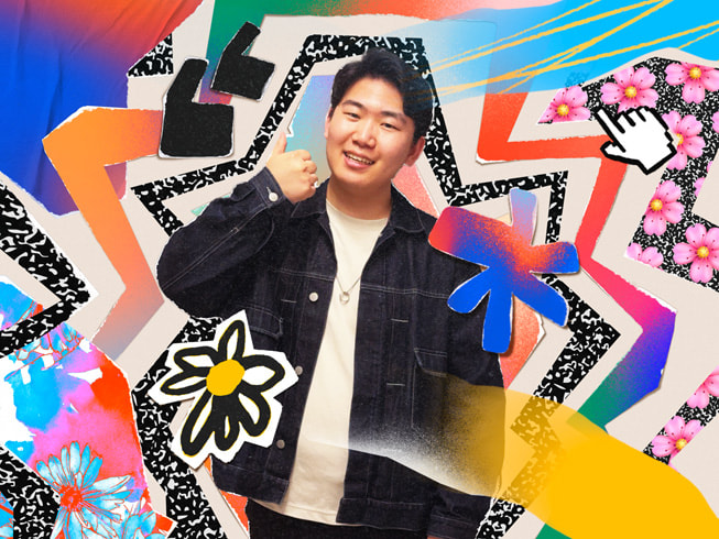 A colourful collage featuring a portrait of Hanafuda Tactics creator, Taiki Hamamoto.