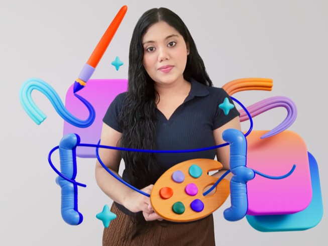 Gayatri Goundadkar segura uma paleta de arte digital, com ilustrações 3D coloridas de um pincel e uma linha ondulada que representa a estabilização de um tremor.