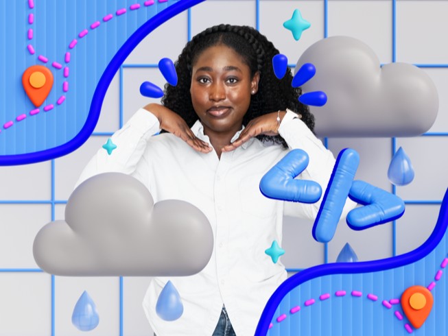 Karen-Happuch Peprah Henneh cercada por ilustrações 3D de uma nuvem de chuva e um mapa que mostra um trajeto de um ponto de partida até um marcador de destino, que representa um app de evacuação em caso de inundação.