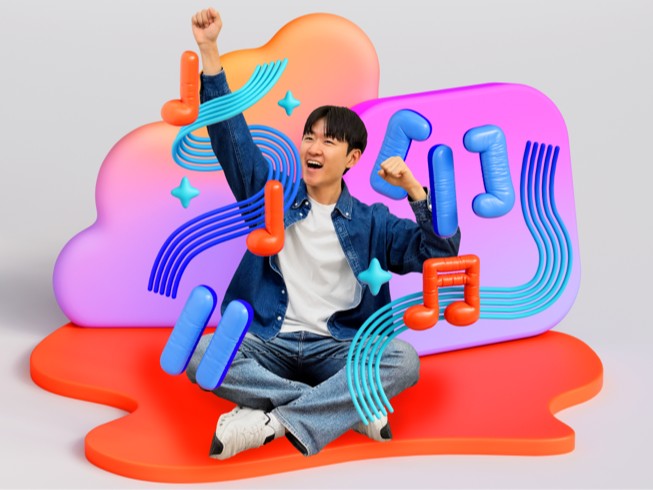 Yoonjae Joung comemora com um braço erguido, cercado por ilustrações 3D coloridas de notas musicais, uma viola e ondas sonoras.