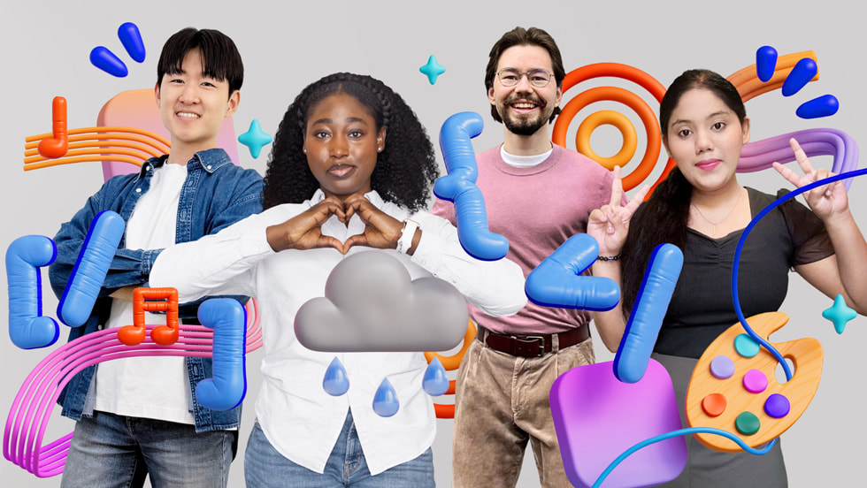 Colagem colorida com os vencedores de destaque do Swift Student Challenge 2026: Yoonjae Joung, Karen-Happuch Peprah Henneh, Anton Baranov e Gayatri Goundadkar.