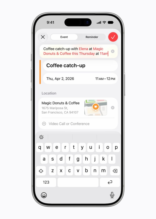 L'écran d’un iPhone 17 Pro montre la création d’un évènement par l’utilisateur dans l’app Calendrier.