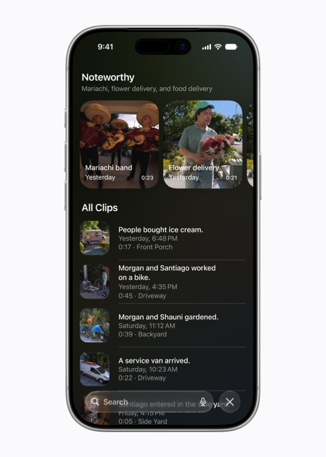 L’écran d’un iPhone 17 Pro affiche, dans l’app Maison, une section Noteworthy contenant diverses séquences vidéo provenant de caméras de sécurité.