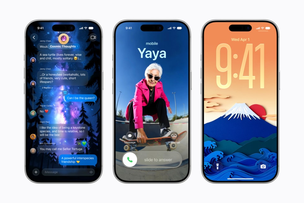 Les écrans de trois iPhone 17 Pro présentent l’utilisation d’Image Playground, l’un dans l’app Messages, un autre pour créer une affiche de contact et le dernier pour créer un fond d’écran pour l’écran verrouillé.