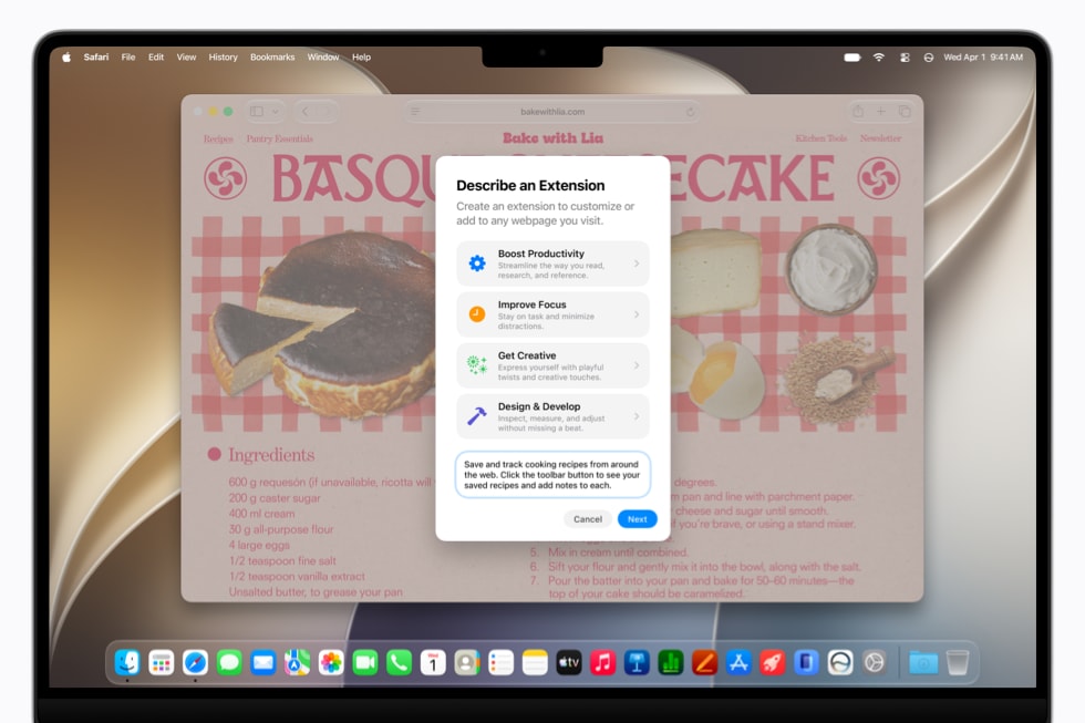 L’écran d’un MacBook Pro 14 pouces affiche une boîte de dialogue Safari pour la fonctionnalité Create Extension sur un site web consacré à la pâtisserie.