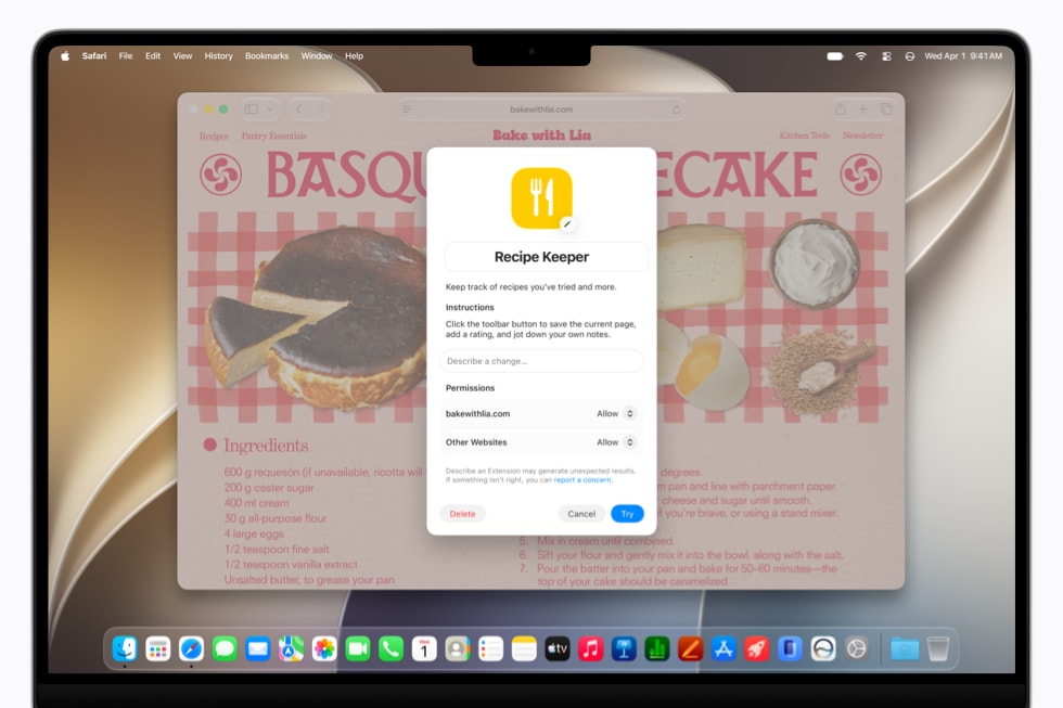 L’écran d’un MacBook Pro 14 pouces affiche une boîte de dialogue Safari pour créer l’extension Recipe Keeper sur un site web consacré à la pâtisserie.