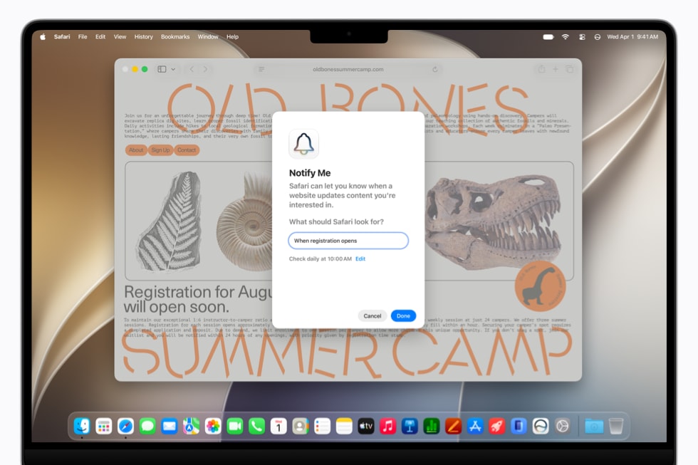 L’écran d’un MacBook Pro 14 pouces affiche la fonctionnalité Me prévenir sur le site web d’une colonie de vacances.