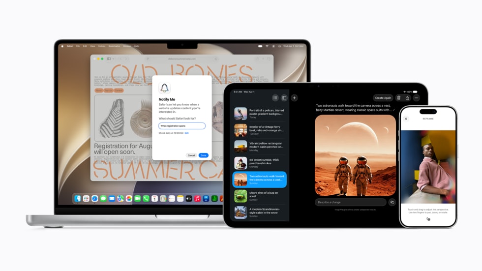 Un Apple Vision Pro, un MacBook Pro 14 pouces, un iPad Pro 11 pouces et un iPhone 17 Pro affichent diverses interfaces utilisateur pour Apple Intelligence.