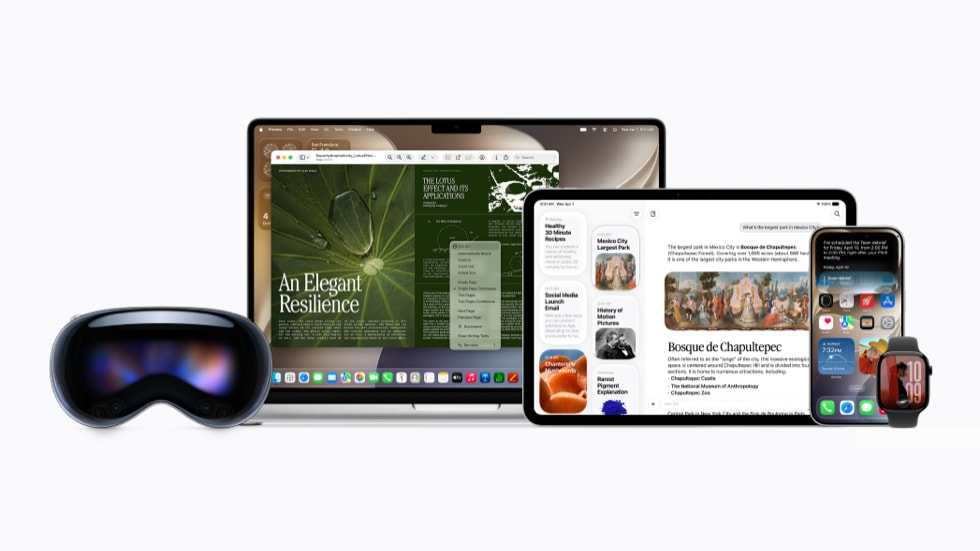 Une collection de produits Apple, dont un Apple Vision Pro, un MacBook, un iPad, un iPhone 17 Pro et une Apple Watch, affichant tous diverses interfaces.