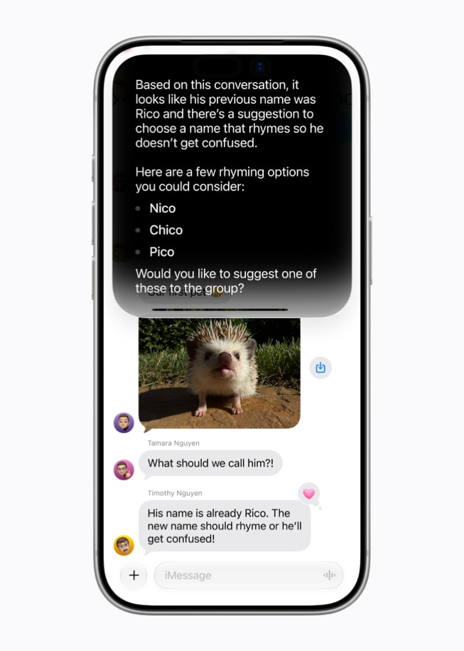 Dans Messages sur un iPhone 17 Pro, Siri AI propose des noms pour le nouvel animal de compagnie d’un proche.