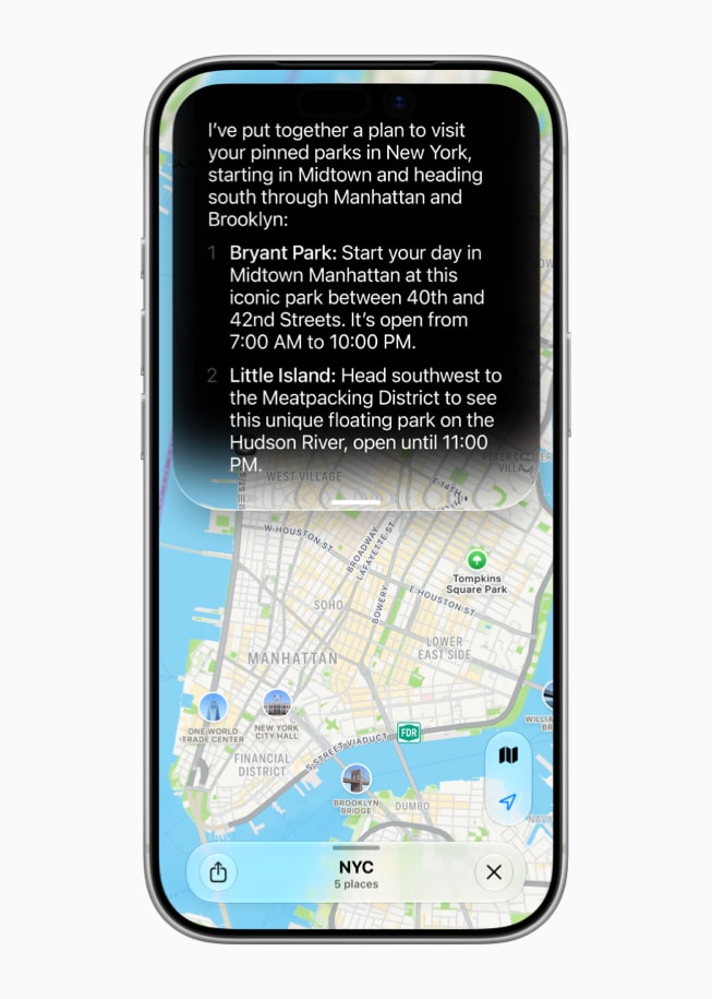 Dans Apple Plans sur un iPhone 17 Pro, Siri AI propose un itinéraire pour une visite de New York.