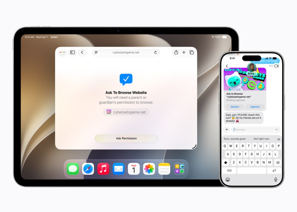 تعرض شاشة iPad Pro مقاس 11 إنش طلب الموافقة على تصفح موقع إلكتروني، بينما تعرض شاشة iPhone 17 Pro طلب الموافقة في تطبيق الرسائل.