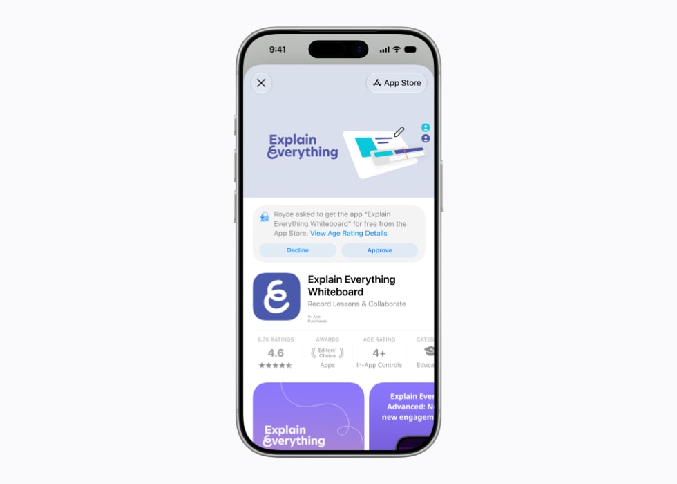 تعرض شاشة iPhone 17 Pro طلب الموافقة على الشراء لتطبيق Explain Everything Whiteboard في متجر App Store.
