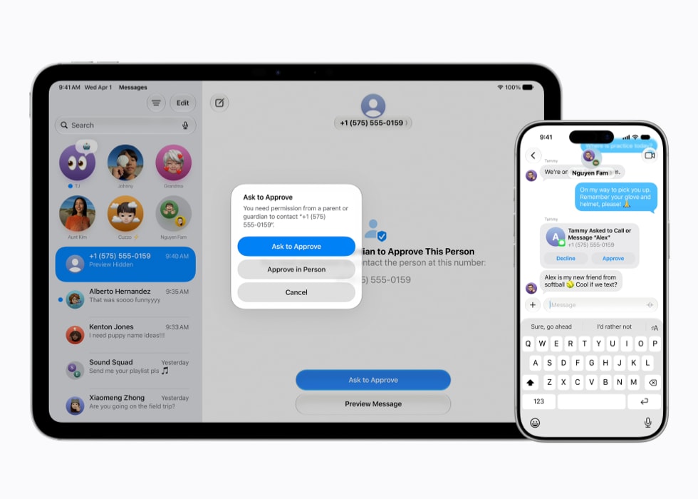 يعرض iPad Pro مقاس 11 إنش رسالة "اطلب الموافقة" في تطبيق الرسائل، وبجواره يظهر على iPhone 17 Pro طلب الموافقة المقابل، في تطبيق الرسائل أيضاً.