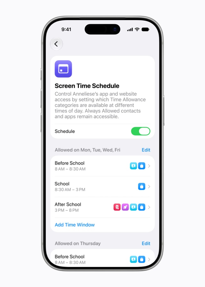 شاشة iPhone 17 Pro تعرض خيارات لتعيين جدول زمني لمدة استخدام الجهاز.