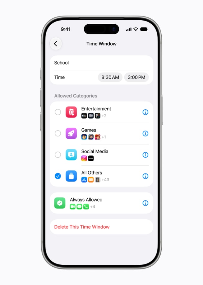 تعرض شاشة جهاز iPhone 17 Pro خيارات لتعيين نافذة زمنية.