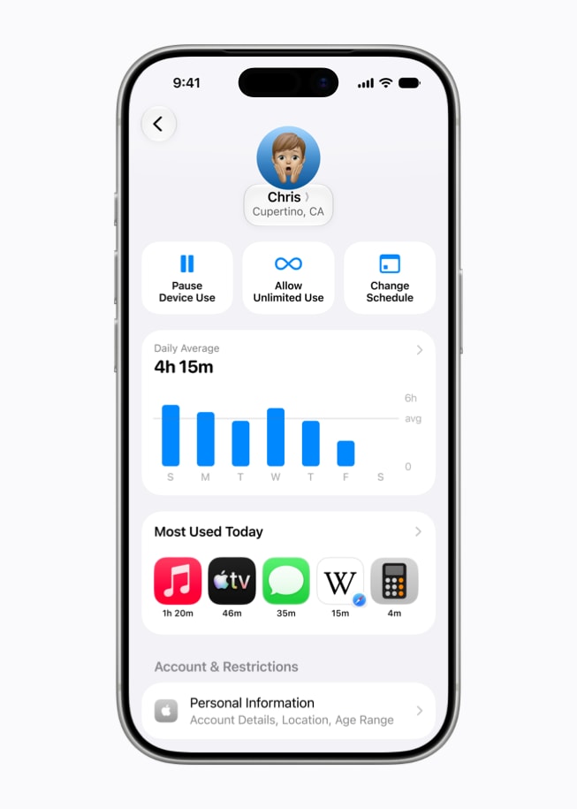 شاشة iPhone 17 Pro تعرض تجربة مدة استخدام الجهاز المُعاد تصميمها، والتي تُظهر متوسط الاستخدام اليومي، والتطبيقات الأكثر استخداماً، وعناصر التحكم لإيقاف الجهاز مؤقتاً.