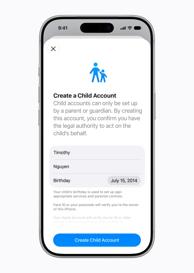 تعرض شاشة iPhone 17 Pro واجهة إنشاء حساب لطفل، مع حقول للاسم وتاريخ الميلاد.