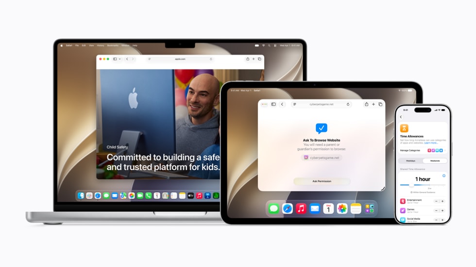 أجهزة MacBook Pro مقاس 14 إنش وiPad Pro مقاس 11 إنش وiPhone 17 Pro معروضةً جنباً إلى جنب، وتظهر على شاشاتها صور متنوعة تتعلق بميزات سلامة الأطفال المُحدَّثة من Apple.