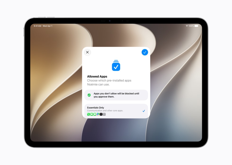 Sur un iPad, un écran « Apps autorisées » invite l’utilisateur à choisir les apps préinstallées que peut utiliser son enfant.