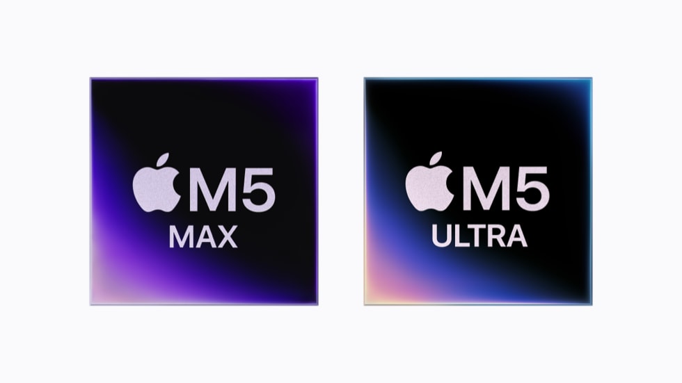 กราฟิกที่วางคู่กันเพื่อแสดงชิป M5 Max และ M5 Ultra
