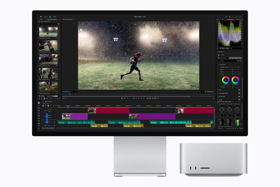 Mac Studio พร้อมชิป M5 Ultra แสดงหน้าจอ Adobe Premiere ที่มีภาพนักกีฬาวิ่งท่ามกลางสายฝน
