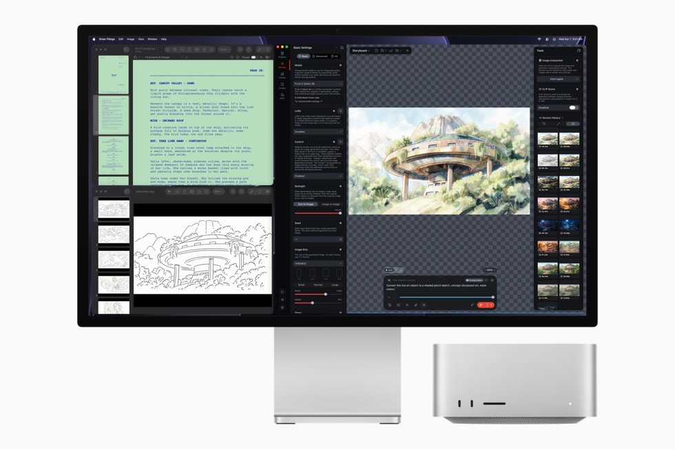 รูปภาพ Mac Studio ที่มีจอภาพแสดงแอป Draw Things