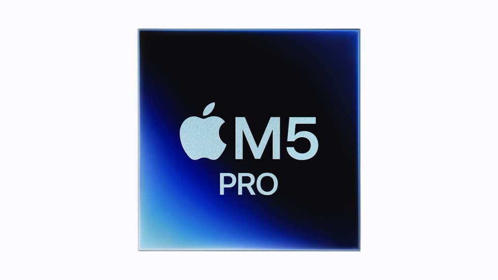 Das Apple M5 Pro Chip Logo vor einem Hintergrund in blauem und violettem Farbverlauf.