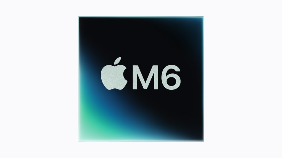 Das Apple M6 Chip Logo vor einem Hintergrund in blauem und violettem Farbverlauf.