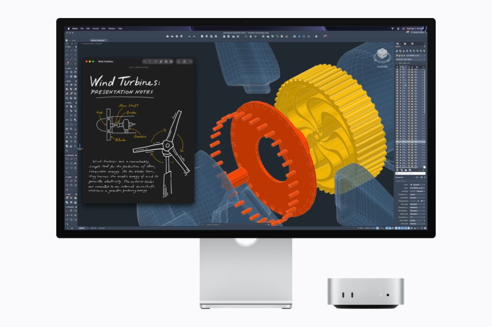 Ein Mac mini mit M5 Pro mit einem Display, auf dem AutoCAD ausgeführt wird.