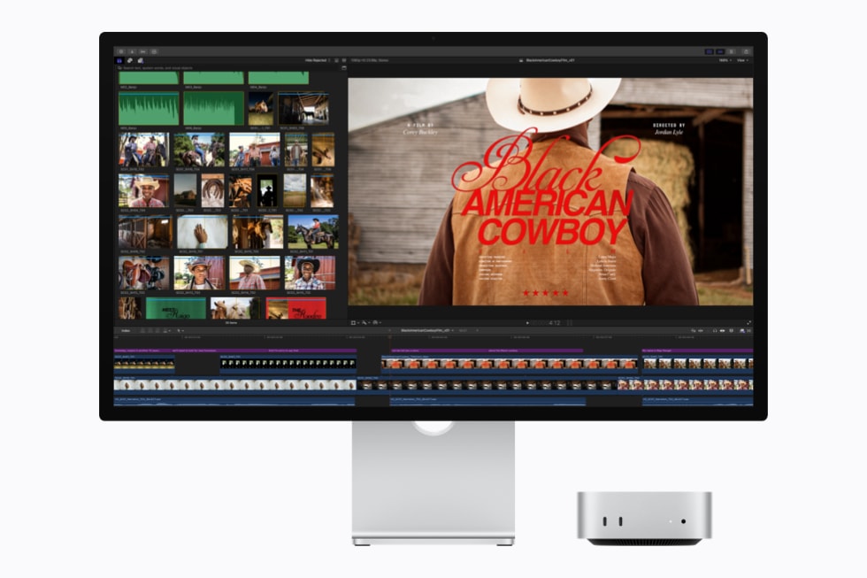 Ein Mac mini mit M6 mit einem Display, auf dem Logic Pro ausgeführt wird.