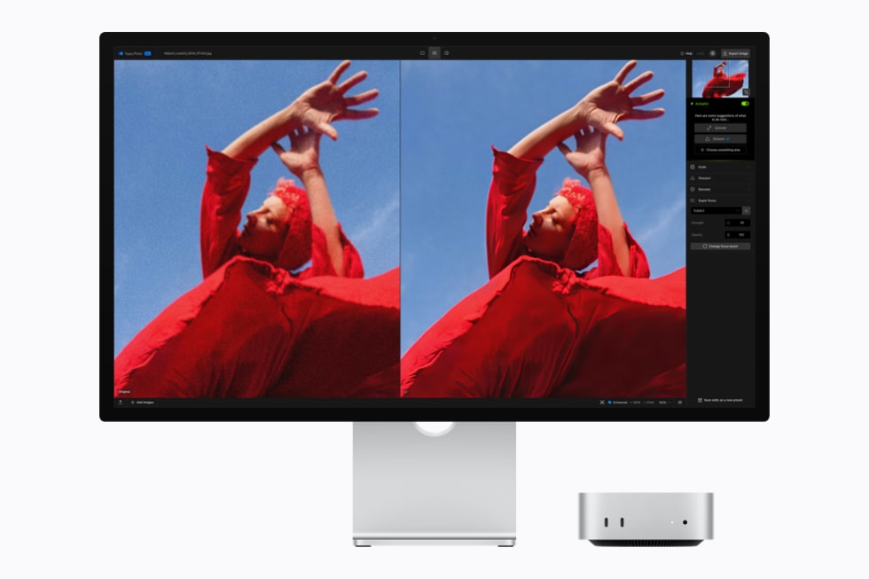 Ein Mac mini mit M5 Pro mit einem Display, auf dem eine Fotobearbeitungssoftware ausgeführt wird, die eine Person in einem roten Outfit zeigt.