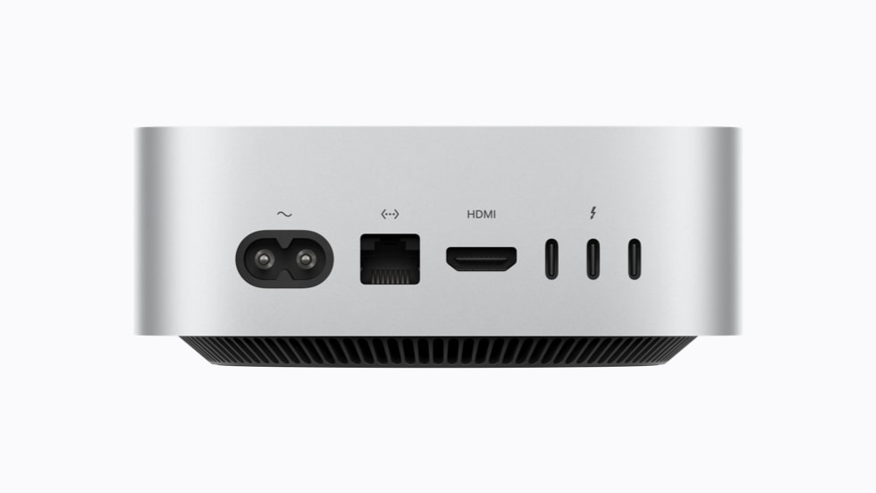 Die Rückseite des Mac mini mit Thunderbolt 5 Anschlüssen, HDMI und Ethernet.