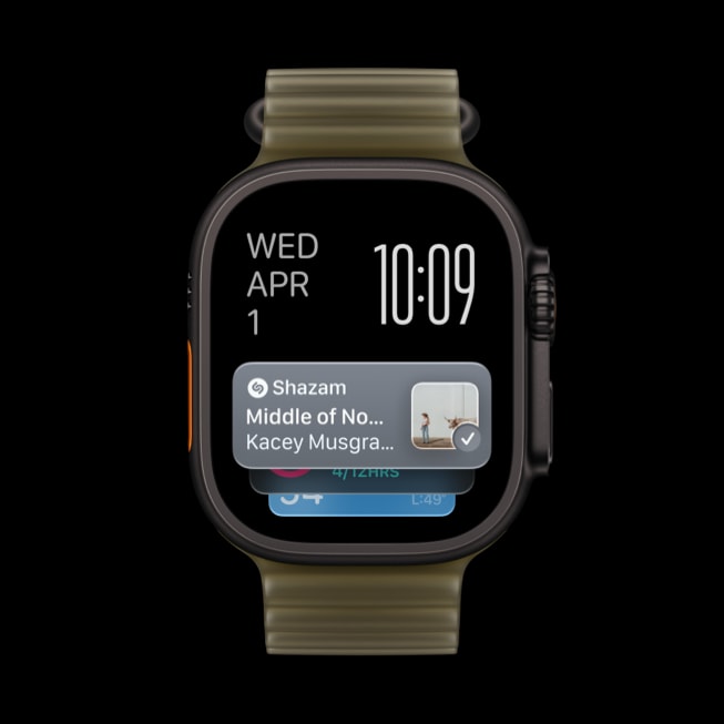 The Shazam app shows a song by Kacey Musgrave on the Smart Stack on Apple Watch Ultra 4.