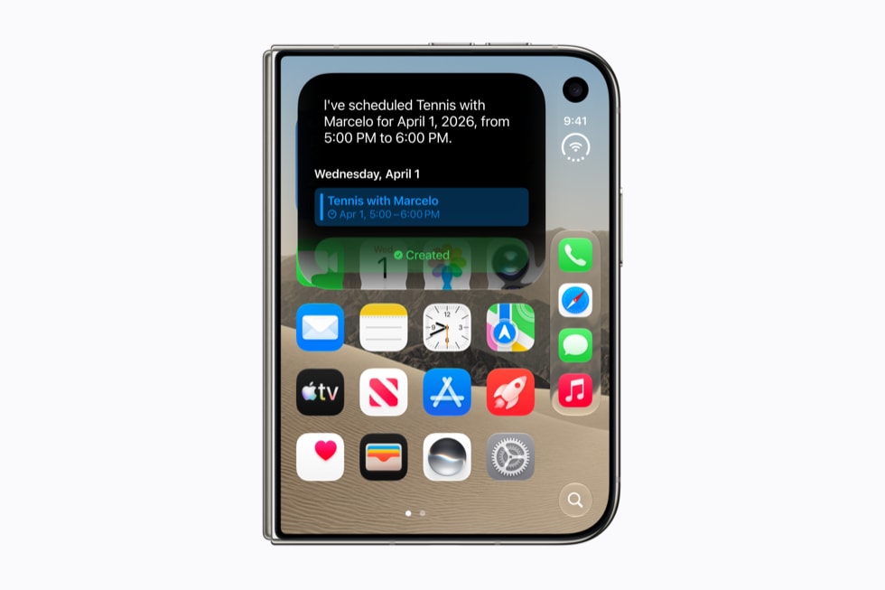 Siri utilise les apps installées sur deux iPhone jumelés pour ajouter un événement de tennis à Calendrier.