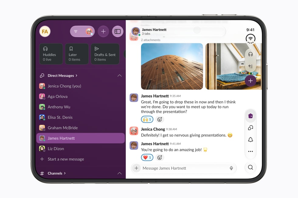 Brugerfladen i Slack-appen vist på iPhone Duo.