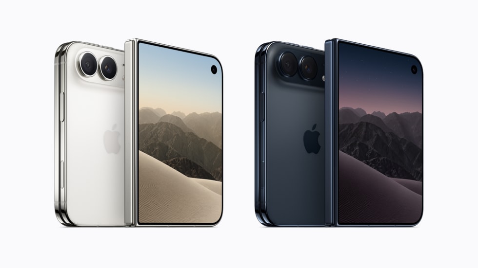 Fire iPhone Duo-enheder vist forfra og bagfra i farverne stjernehvid og nattehimmel.