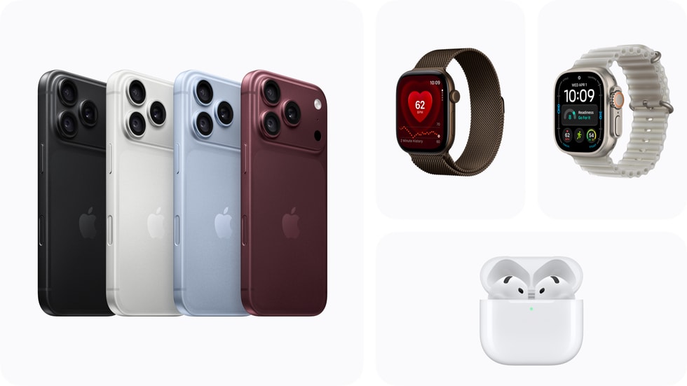 iPhone 18 Pro i farverne sort, sølv, gletsjerblå og bordeaux, tre Apple Watch Series 12-enheder og AirPods 5.