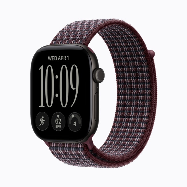 Apple Watch Series 12 avec boîtier en aluminium noir et bracelet sport à rabat tartan bourgogne.