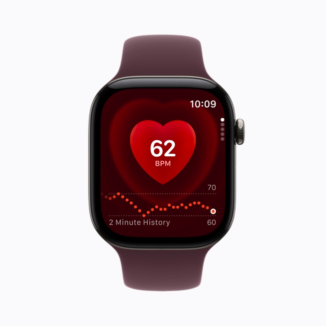 Apple Watch Series 12 affichant l’app Fréquence cardiaque.