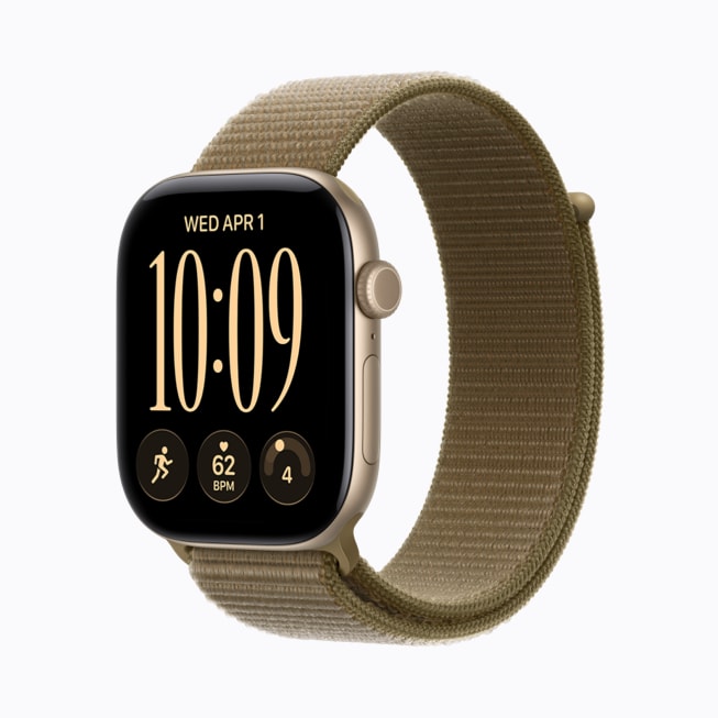 Apple Watch Series 12 avec boîtier en aluminium or clair et bracelet sport à rabat olive.