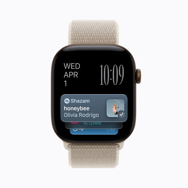 Apple Watch Series 12 affichant Shazam, qui a détecté la chanson « Honeybee » d’Olivia Rodrigo.