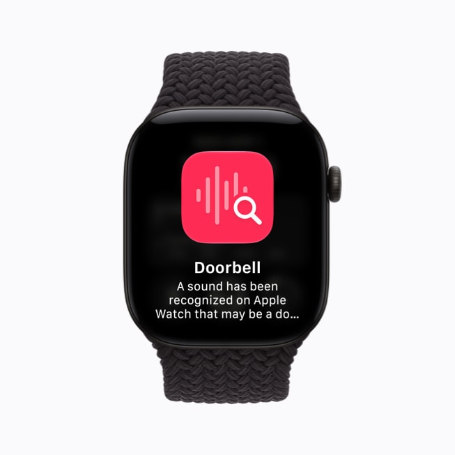 Apple Watch Series 12 affichant la fonctionnalité de reconnaissance des sons avec un message indiquant qu’une sonnette a été détectée.