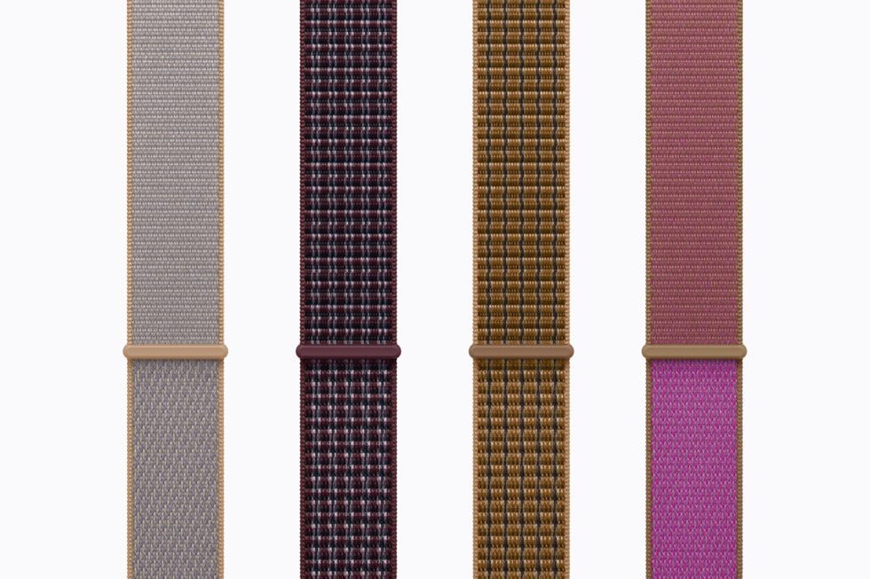 Bracelets sport à rabat montrés en bleu chambray, tartan bourgogne, tartan ombre clair et magenta.