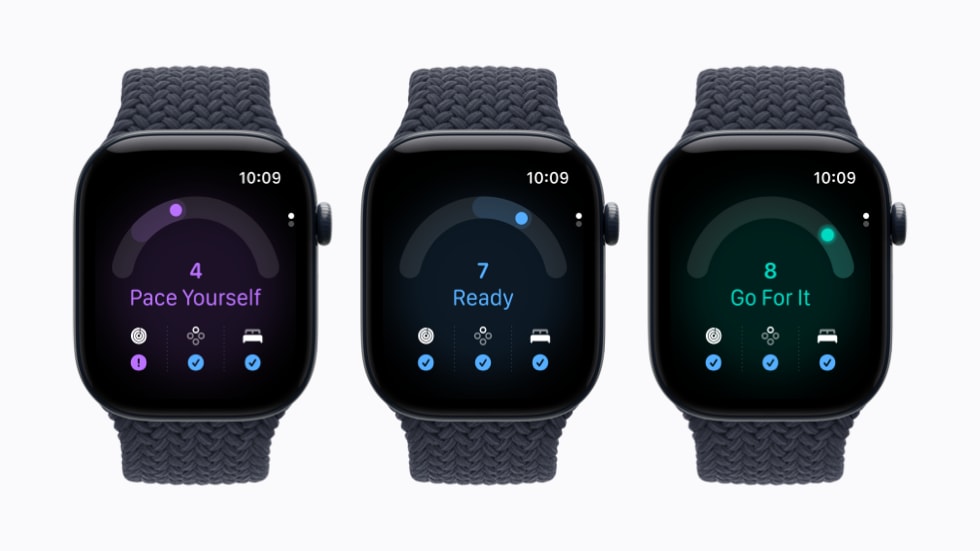 Trois Apple Watch Series 12 affichant des scores de préparation : Pas de presse, Allez-y et C’est parti.