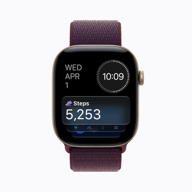 Apple Watch Series 12 affichant la complication de suivi des pas, avec l’image d’une chaussure et un décompte de 5 253 pas.