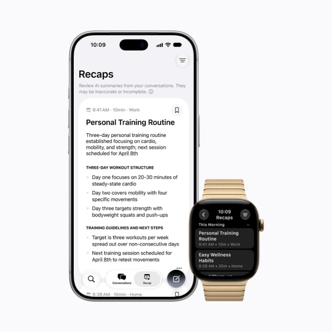 Apple Watch Series 12 et iPhone 18 Pro montrant la fonctionnalité Résumé Siri avec le plan d’un entraînement personnel.