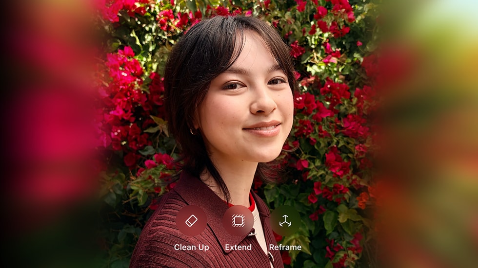 写真アプリ内のメニューに表示されているクリーンアップ、拡大、リフレームのツール。