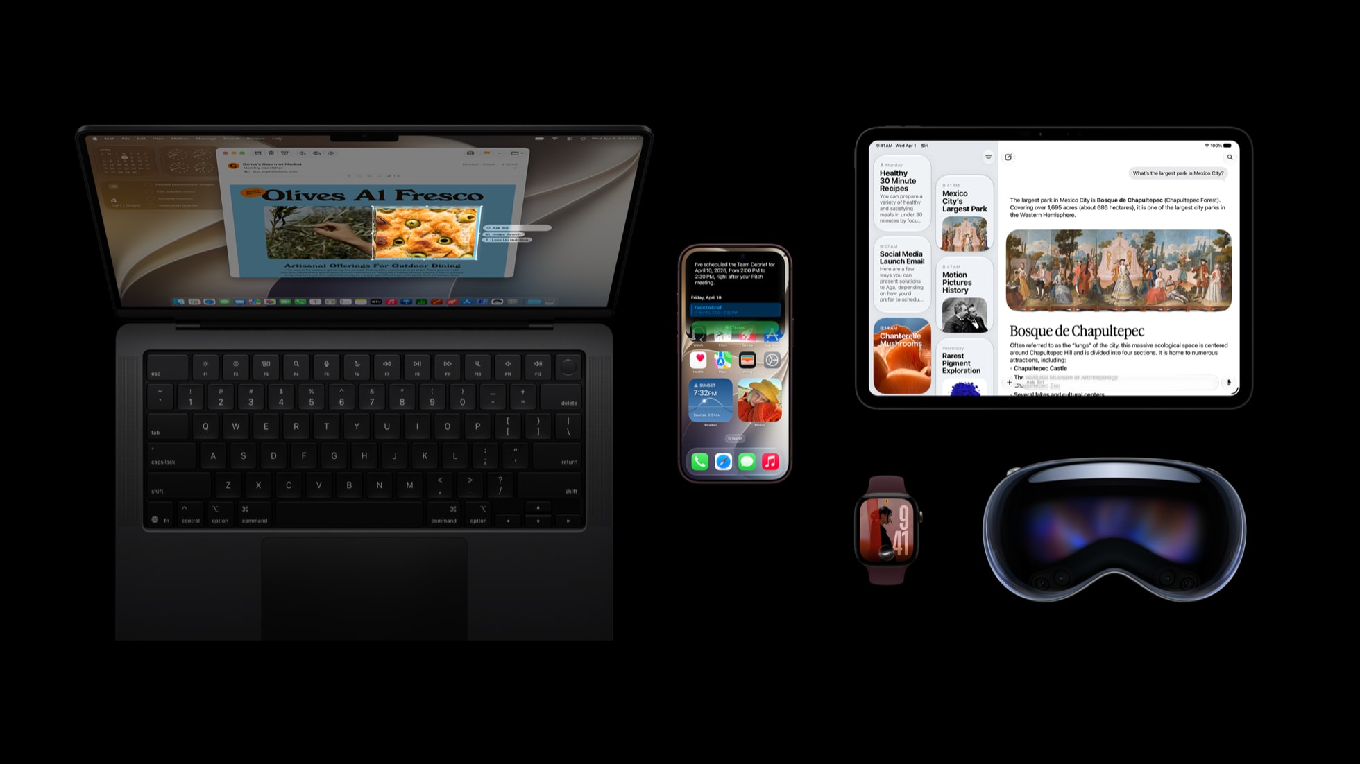 机の上に置かれたユーザーのMac、iPhone 18 Pro、Apple Watch Series 12、iPad、Apple Vision Pro。
