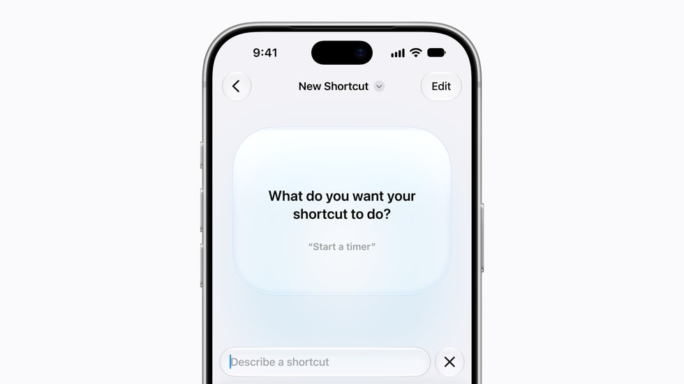 「ショートカットを説明」ツールを使って「メッセージを作成」というタイトルのショートカットを作成しているiPhone 18 Proの画面。